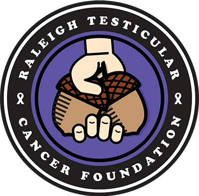Raleigh Testicular Cancer Foundation Logo - A hand holding two acorns in purple circle with white serif type wrapped inside black outer circle