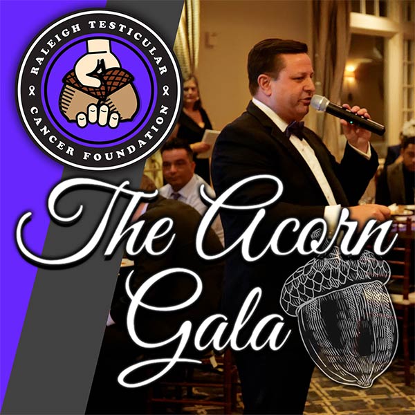 Graphic showing Raleigh Testicular Cancer Foundation logo over photo from Acorn Gala event
