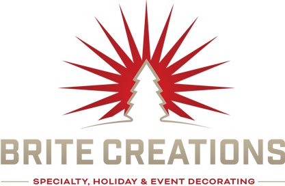 Brite Creations Logo - Tan and red sans-serif type with tan tree and red starburst above