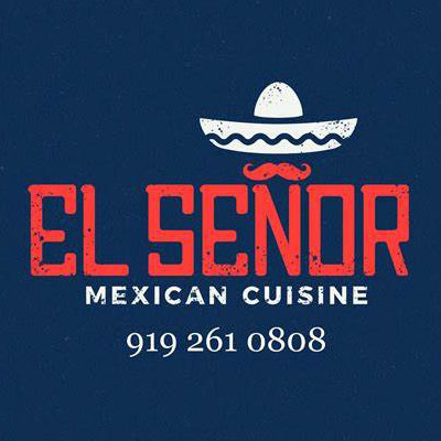 El Senor Mexican Restaurant Logo - White and red textured serif type with white sombrero icon inside navy blue square