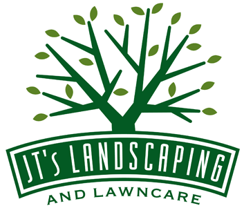 JTs Landscaping and Lawn Care Logo - White sans-serif type inside green banner with serif green type below and tree illustration above