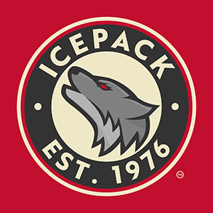 NC State Mens Hockey Club Logo - Ecru sans-serif type inside gray circle with wolf illustration in middle all on rad background