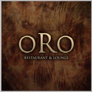 Oro Restaurant and Lounge Logo - Tan serif type on dark stained wood background