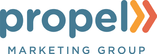 Propel Marketing Group Logo - Muted blue sans-serif type with orange arrows