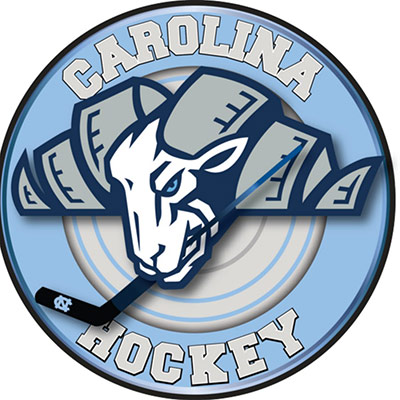 UNC Mens Hockey - Light blue circle with dark blue border with gray collegiate type and illustration of a ram inside