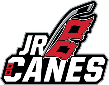 USPHL Jr Canes Logo - White sans-serif type with black backing and hockey sticks with red flags