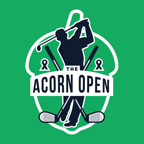 Graphic showing Acorn Open Charity Golf Tournament logo over green background