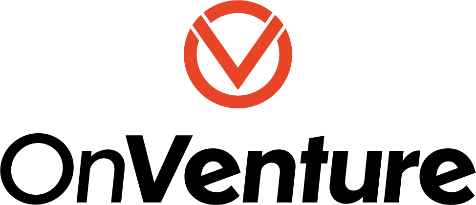 OnVenture Logo - Black sans-serif type over red circular icon above