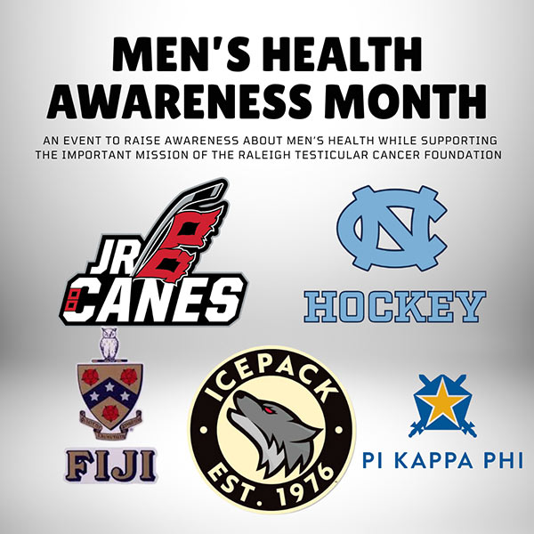 Graphic showing Mens Mental Health Awareness Month logo over gray background with College team logos below
